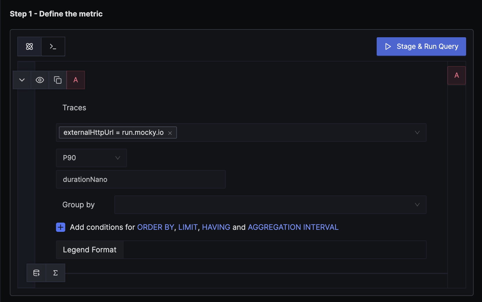 traces builder query for external API latency(p90)